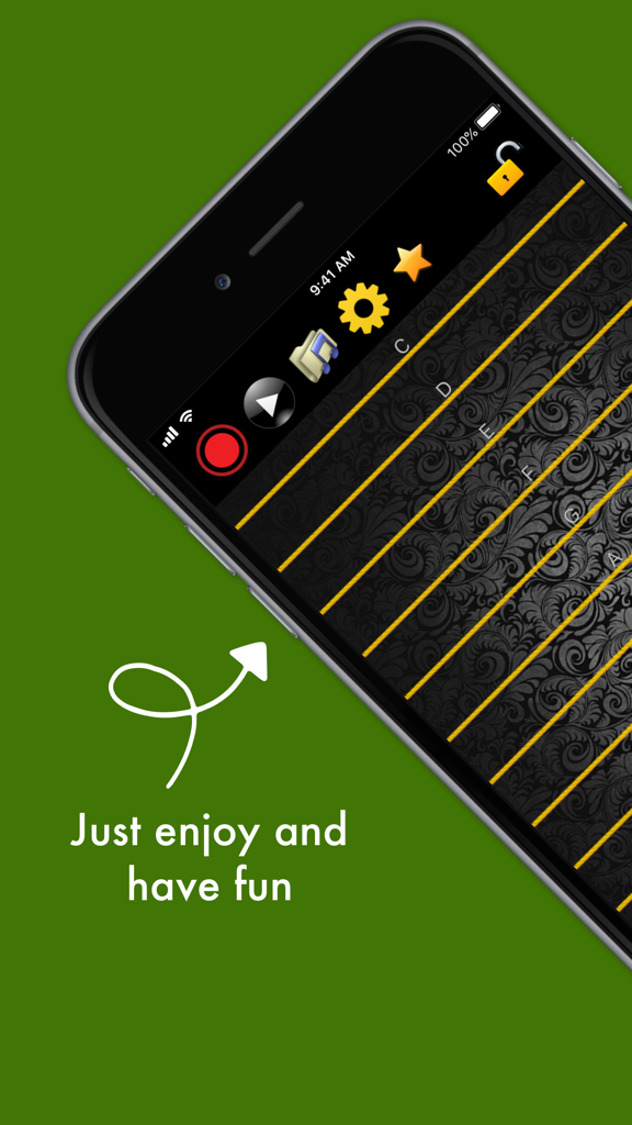 Interfaz de la aplicación móvil Arpa con cuerdas amarillas reproducibles y funciones de grabación