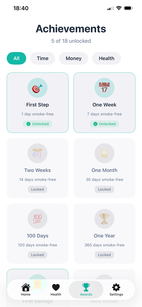 SmokeFree Journey app achievements dashboard showing unlocked and locked progress milestones for quitting smoking