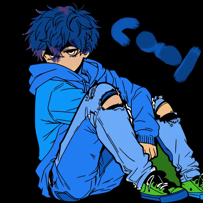 a male hoddie ripped jeans messy hair anime