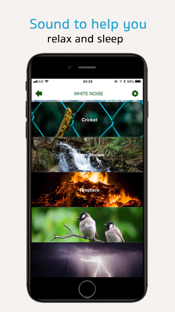 7-Minute Workout and Calm Mind - Smartphone screen showing white noise options like nature sounds and thunder to help users relax and sleep