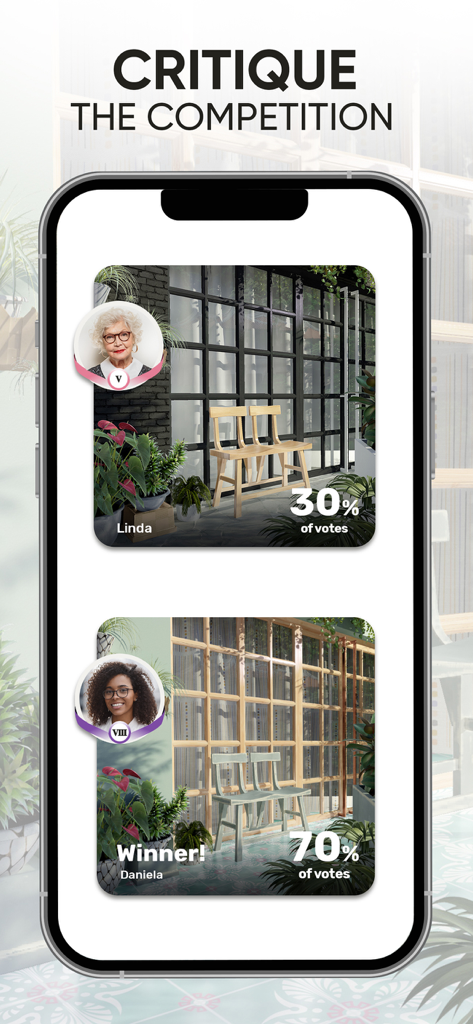 Redecor - Home Design Game - Interfaz de la aplicación Redecor que muestra un desafío de votación de diseño cara a cara con dos estilos interiores fotorrealistas
