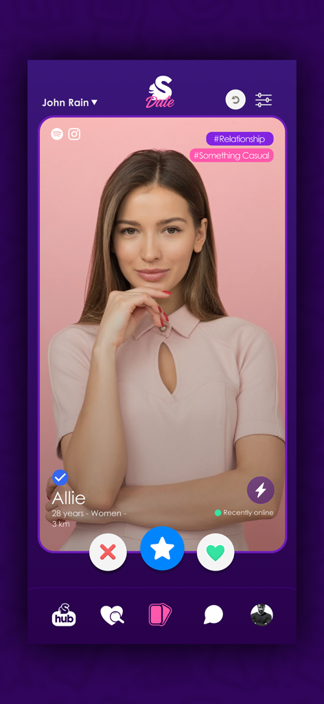 Mobile app screen of Sniffer dating app displaying a woman user profile with swipe buttons