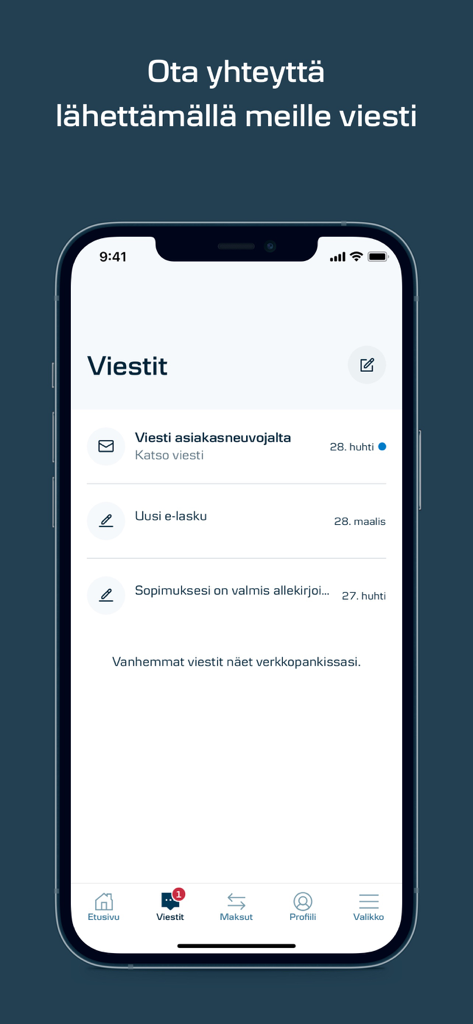 Secure messaging interface in the Danske Bank mobile app showing a list of notifications including messages from advisors and e-invoice alerts.