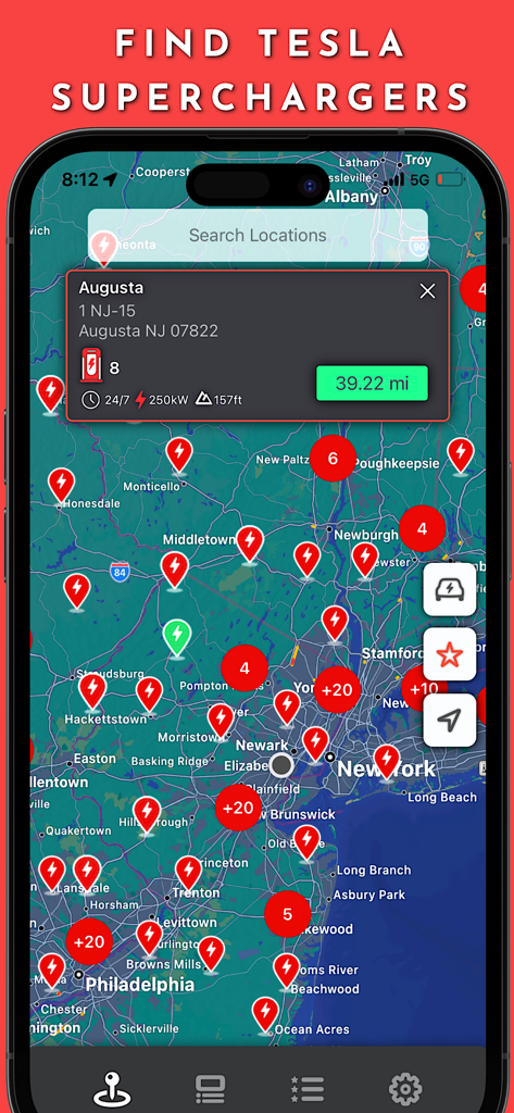 Supercharger for Tesla - Interface of the Supercharger for Tesla app showing a map with multiple charging locations and detailed info for a selected station.