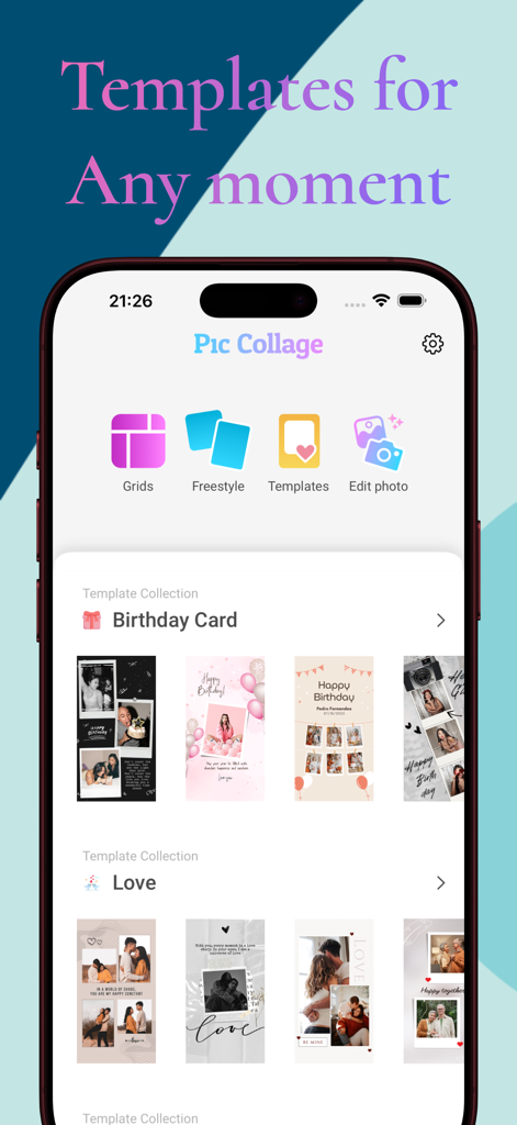Pic Collage: AI Layout Maker - Pic Collage app interface showcasing birthday and love themed templates