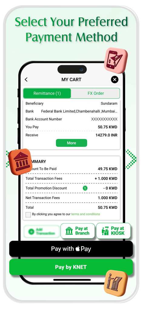 Al Mulla Exchange - Schermata di selezione del metodo di pagamento dell'app Al Mulla Exchange che mostra le opzioni per Apple Pay e KNET