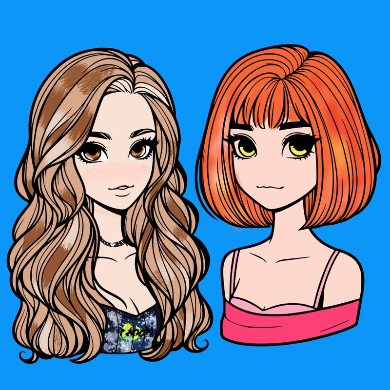 two realistic girls one with long hair and the other with short hair