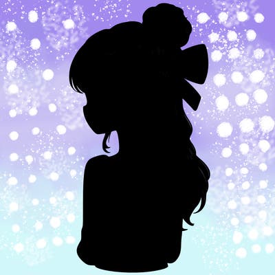 realistic girl  with hip length hair a bun and a big bow on the back of head