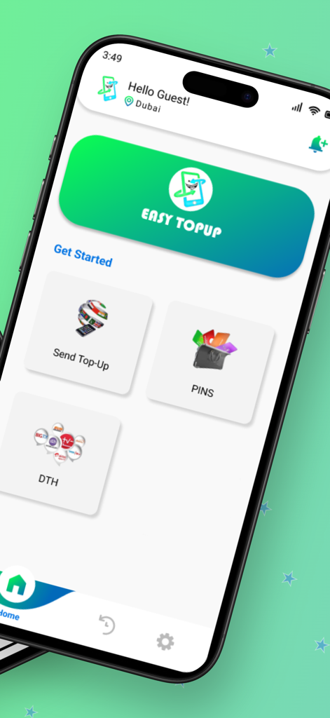 Easy Topup: Mobile Recharge - Easy Topup app dashboard displaying options for sending top up prepaid pins and DTH services