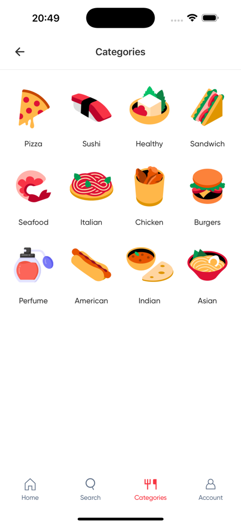 Yumlo App-Kategorienbildschirm mit Optionen für Lebensmittellieferungen und Einkaufsartikel