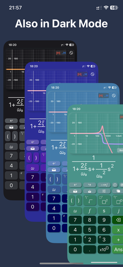 Bode Plot Calculator app showing multiple color themes including dark mode