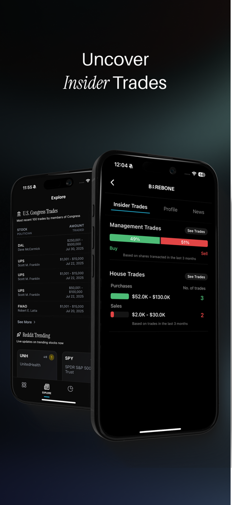 Barebone - AI Finance Research - Mobile interface of Barebone finance app showing U.S. Congress and corporate insider trades.