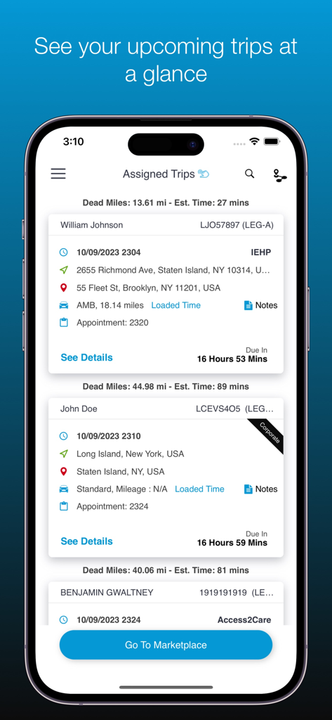 NEMT Max - A mobile interface for NEMT Max showing a list of assigned trips with patient names, pickup and drop-off addresses, and estimated travel times.