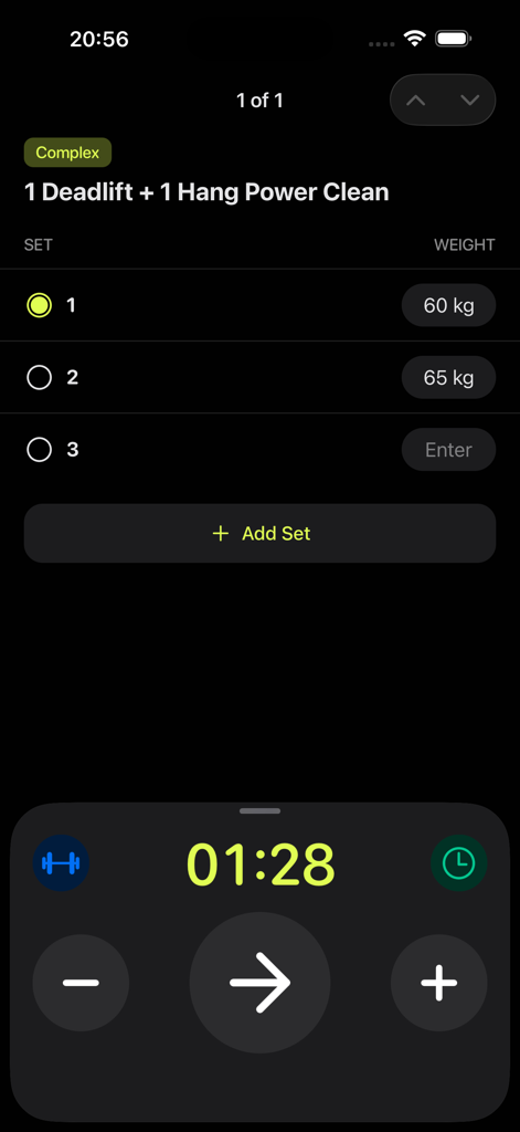 TopWOD : CrossFit Tracker - Interfaccia dell'app TopWOD che traccia un complesso di sollevamento pesi con serie e un timer di allenamento