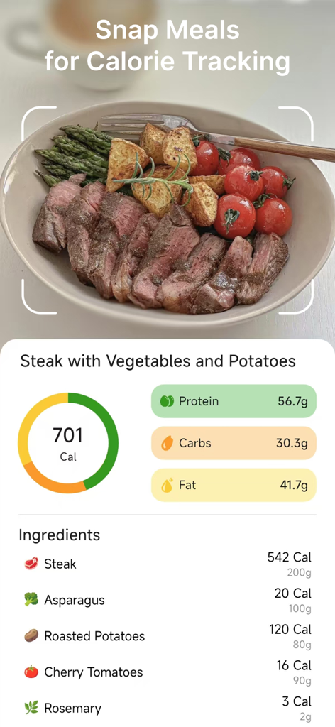 CalScan - AI Calorie Tracker - CalScanモバイルアプリのインターフェースに、撮影されたステーキと野菜のプレートのカロリーとマクロ栄養素の内訳が表示されています