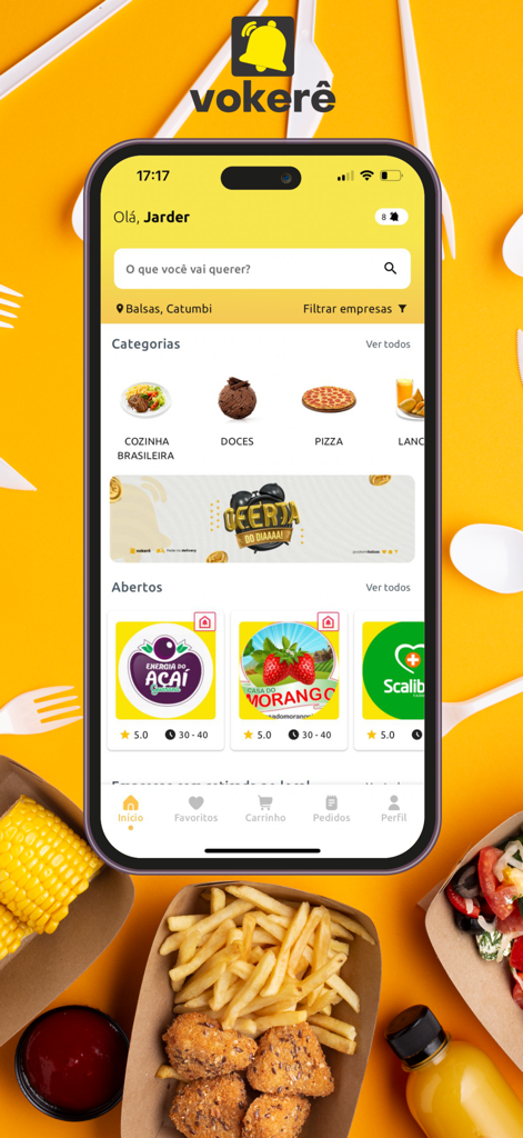 Vokerê - Mobile home screen of the Vokerê app showing food categories and local restaurant listings.