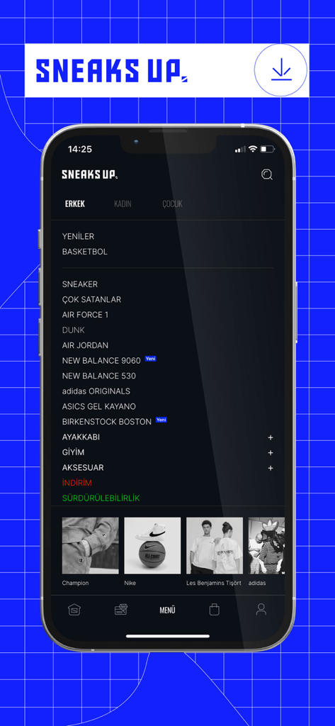 Le menu de navigation de l'application Sneaks Up affichant diverses marques de baskets et catégories d'achat