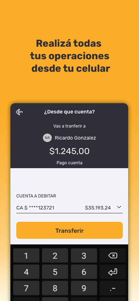 APP Banco San Juan - Interface mobile de l'APP Banco San Juan montrant un processus de virement bancaire d'un compte d'épargne à une autre personne.