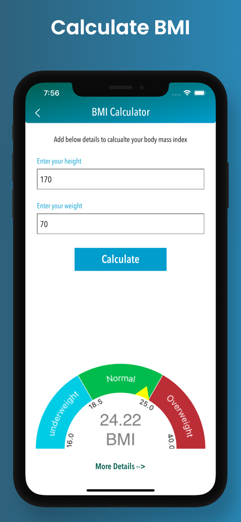 Abs Workout - Lose Belly - Screenshot of the BMI calculator in the Abs Workout app showing height and weight input fields and a health status gauge.