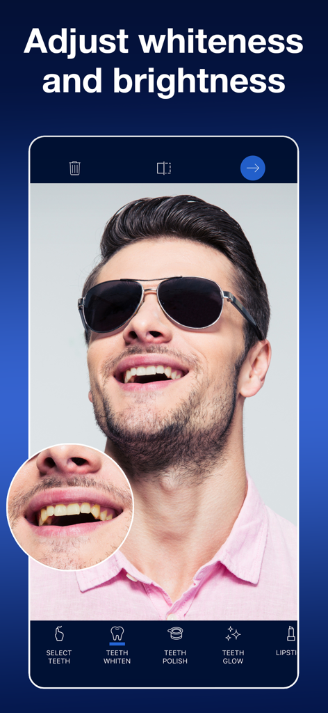 Un hombre usando la aplicación AI Blanqueador de Dientes para ajustar el brillo y la blancura de su sonrisa en una foto.