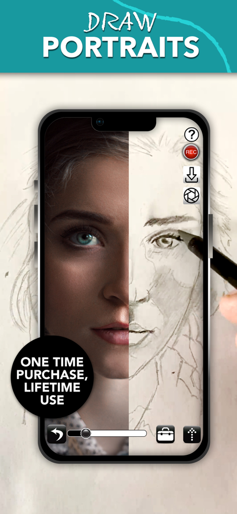 Camera Lucida™: AR Drawing - Camera Lucida 앱이 분할 화면으로 표시되는 스마트폰 화면. 한쪽에는 참조 초상화 사진이, 다른 한쪽에는 손으로 그린 연필 스케치가 있습니다.