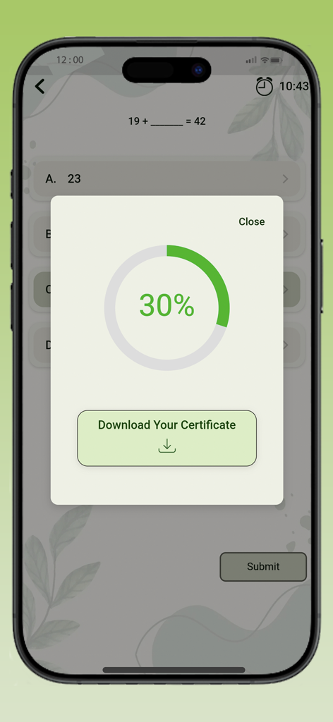 A mobile screen from the All Maths Formulas app displaying a 30 percent quiz completion modal and a download certificate option.