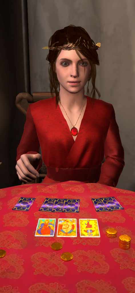 Tarot Reader 3D - Card reading - Una adivina femenina en 3D realizando una lectura de tarot de tres cartas sobre una mesa roja