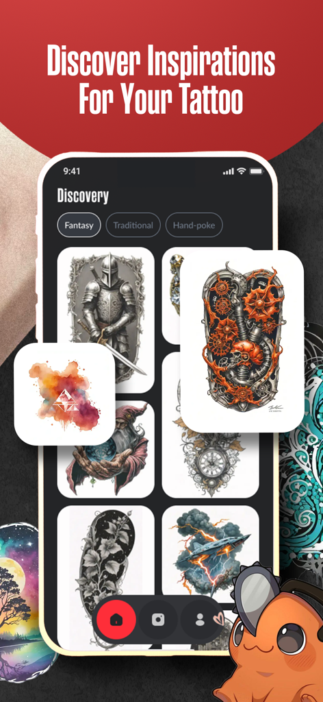 A mobile app interface displaying a gallery of tattoo inspirations including fantasy and traditional styles in a grid layout.