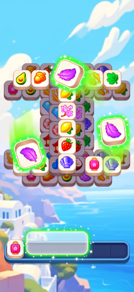Match Jong - Zen Tile Puzzle - Triple tile matching gameplay in Match Jong showing purple feather tiles being matched over a serene coastal landscape background.