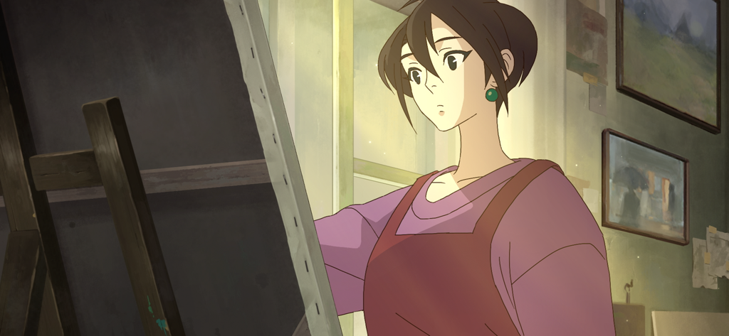Crunchyroll: Behind the Frame - Hand animated female artist looking at a canvas in a Ghibli inspired art studio