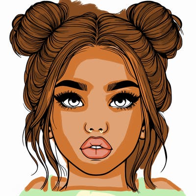 realistic girl with two buns on her hair and lips