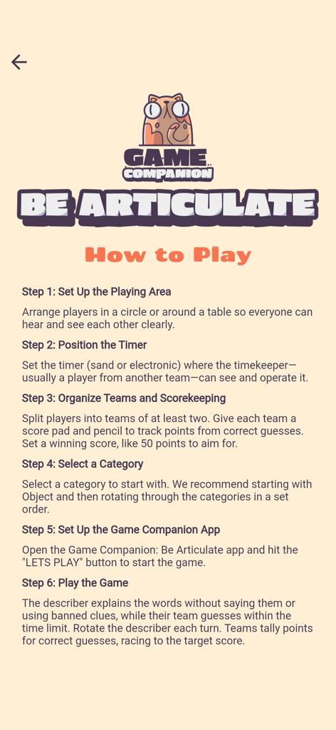 Be Articulate - Game Companion - How to play instructions screen for the Be Articulate game companion app showing six steps for gameplay.