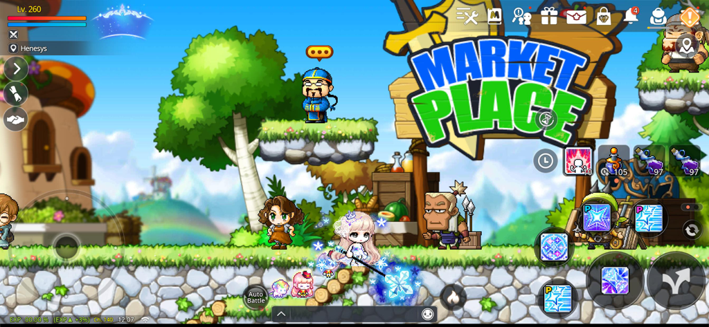 Ein Spielercharakter im Henesys-Marktplatz von MapleStory M, der den 2D-Anime-Kunststil und die Spieloberfläche zeigt.