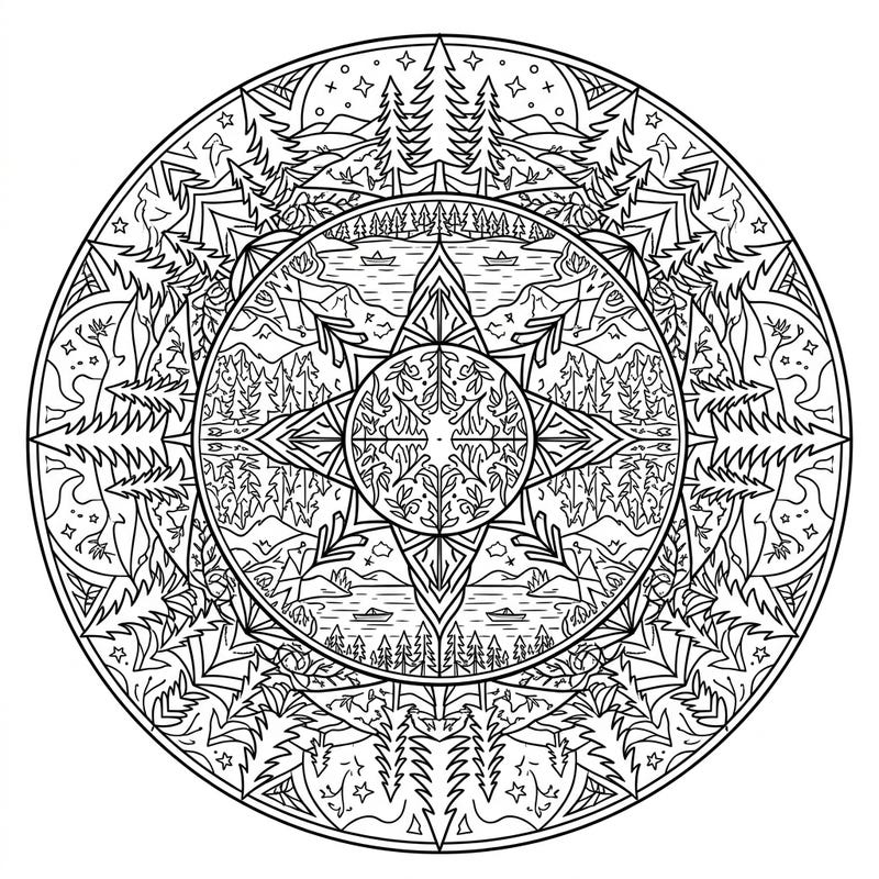 Embark on a tranquil artistic journey with this stunning forest lake mandala coloring page. This intricate design blends peaceful nature scenes with calming symmetry, offering hours of relaxing creativity.