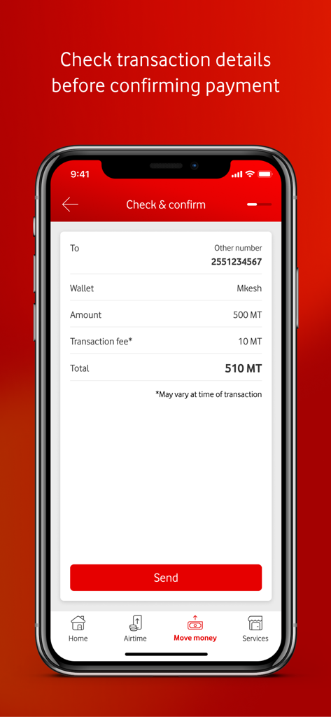 My M-Pesa Mozambique - My M-Pesa Mozambique app transaction confirmation screen showing payment details and a send button