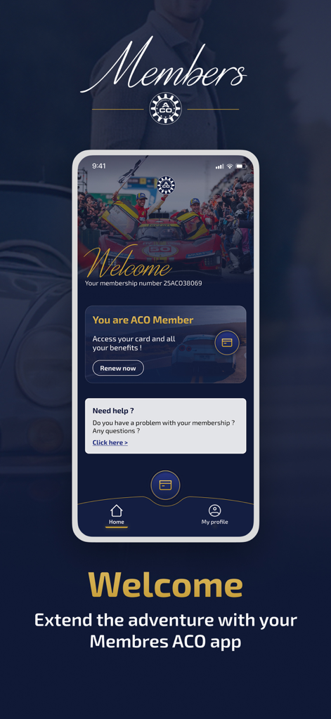 Tela de boas-vindas do aplicativo Membres ACO mostrando detalhes de associação e acesso ao cartão digital para entusiastas de corridas