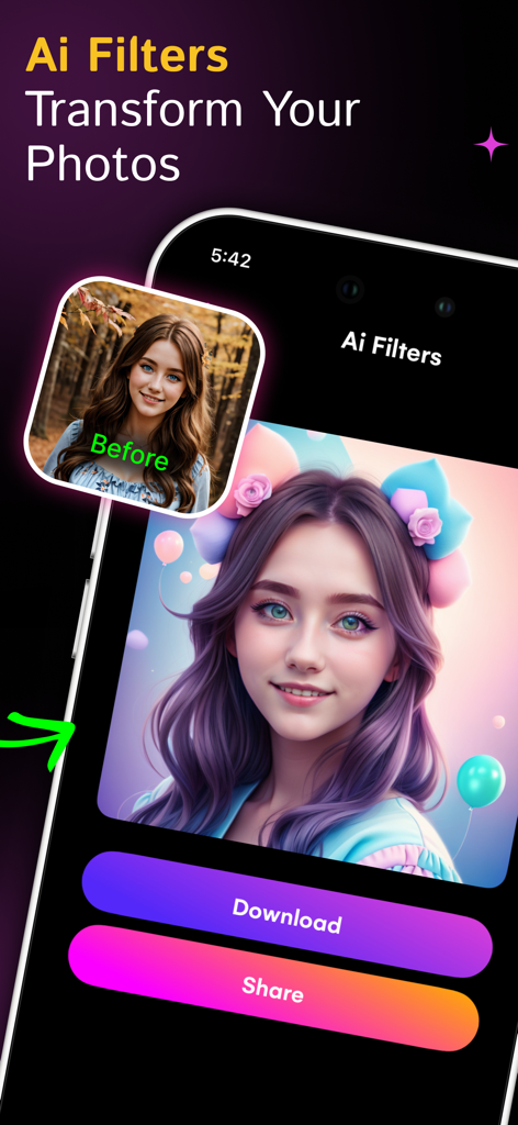AI Logo Generator & Maker App - Benutzeroberfläche der KI Logo Generator App, die ein Foto zeigt, das von einem KI-Filter transformiert wird