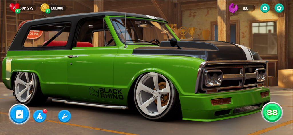 Matchcreek Motors: Custom Cars - A customized bright green classic SUV with a black hood and white racing stripes in a garage from the Matchcreek Motors game.
