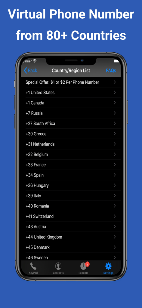 TalkTT - Call/SMS/Numbers/eSIM - A mobile screenshot of the TalkTT app displaying a list of international countries available for purchasing virtual phone numbers.