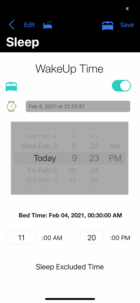 Interfaz de seguimiento del sueño en la aplicación Nutrition plus para registrar la hora de despertar y acostarse