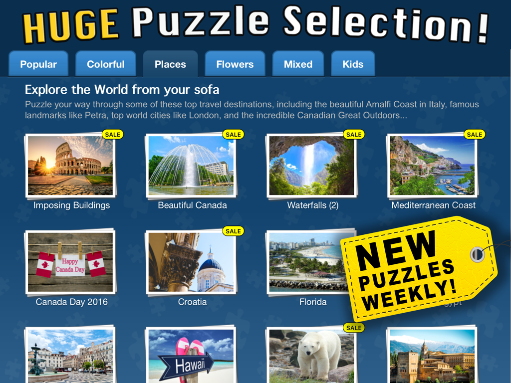 Jigsaw Box Puzzles - Jigsaw Box Puzzles app showing a large collection of travel and scenic puzzle packs