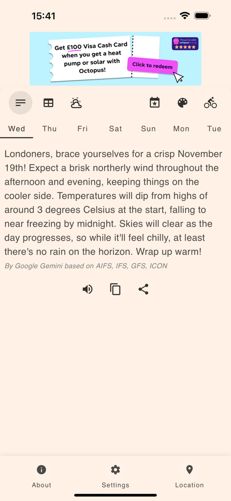 AI Weather (WITAL) - ロンドン向けのAI生成テキストベースの天気予報概要、ミニマリストなモバイルインターフェース、詳細な人間が読める要約を表示