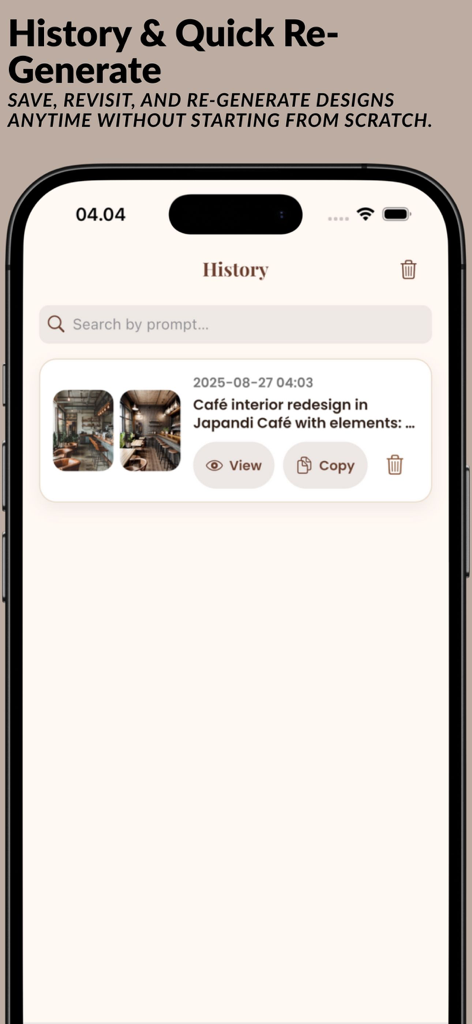 A smartphone screen displaying the saved interior design history in the AI Cafe app.