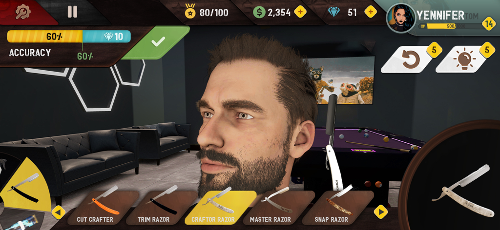 In-game screenshot showing a male character being groomed with various razor options in a barber shop simulator.
