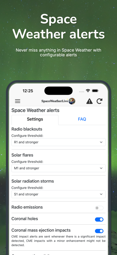 Interface of the SpaceWeatherLive app showing configurable space weather alert settings for solar flares and radio blackouts