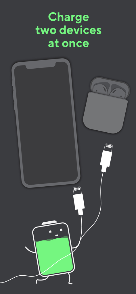 Mr. Charge - An illustration of the Mr. Charge power bank charging a smartphone and wireless earbuds simultaneously.