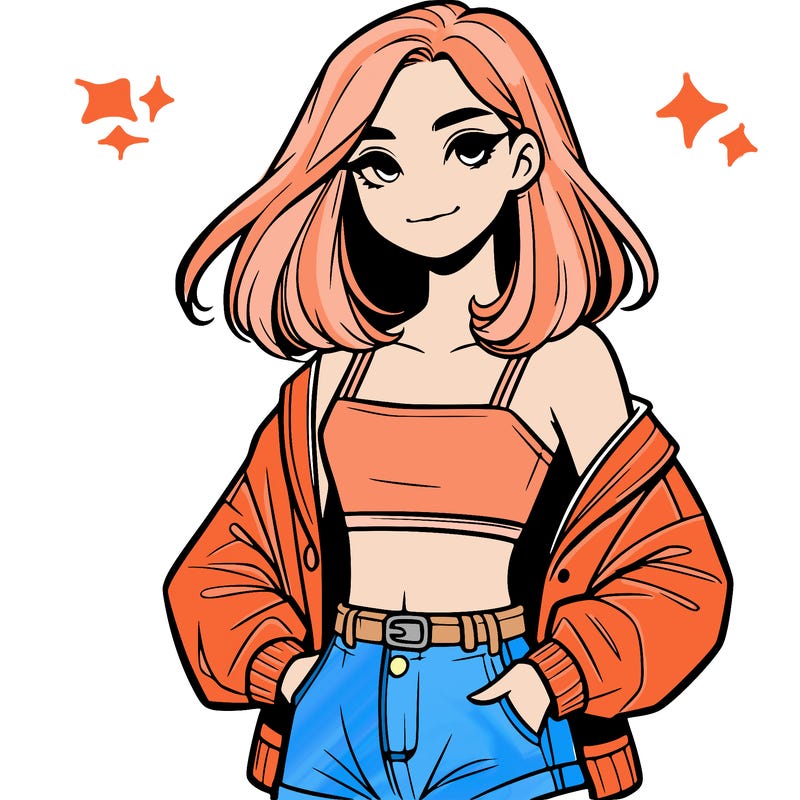a realistic girl with a crop top and short shorts in an open jacket