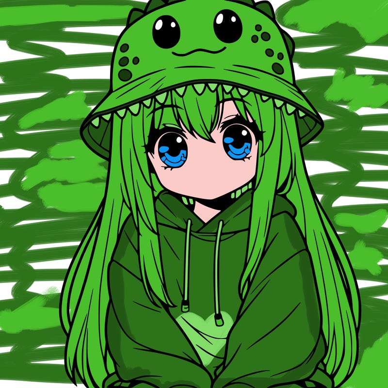 girl with anime shaped eyes with a dinosaur bucket hat oversized sweatshirt long straight hair