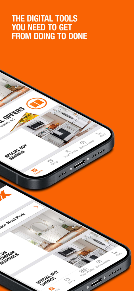 The Home Depot - Two iPhones showing the Home Depot app homepage with special buy savings and navigation menus against an orange background