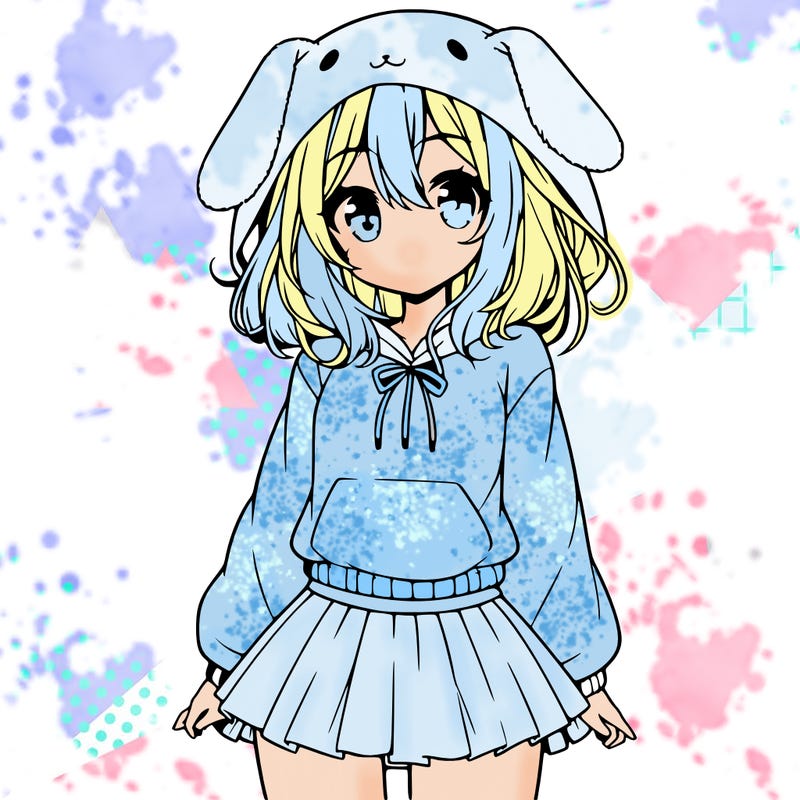 pretty anime girl wearing a fluffy hoodie with bunny ears on the hood and a skirt